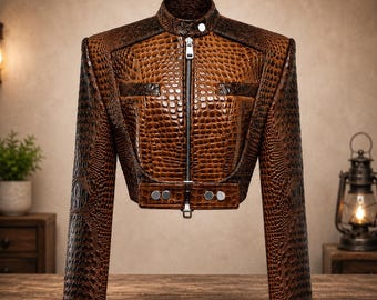 Brown Crocodile Embossed Leather Jacket Men, Luxury Biker Jacket, Genuine Leather Motorcycle Jacket, Vintage Fashion Coat