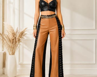 Faux Leather Wide Leg Pants | Color Block Lace Up Palazzo Trousers