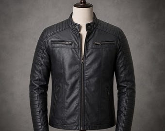 Men's Black Quilted Shoulder Leather Jacket | Slim Fit Biker Café Racer Style
