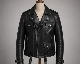 Men Black Leather Biker Jacket, Motorcycle Leather Jacket, Classic Moto Jacket Men, Punk Rock Leather Coat, Gift for Men