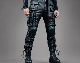Black Faux Leather Cargo Pants | Gothic Punk Techwear Lace Up Trousers