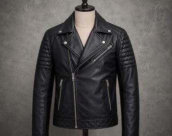Men’s Black Leather Biker Jacket | Quilted Motorcycle Leather Jacket for Men | Retro Moto Racer Jacket