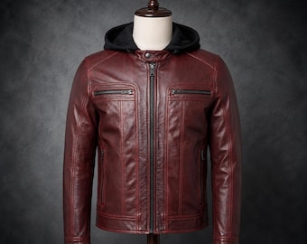 Men's Burgundy Leather Hooded Jacket – Vintage Biker Moto Style Quilted Apparel