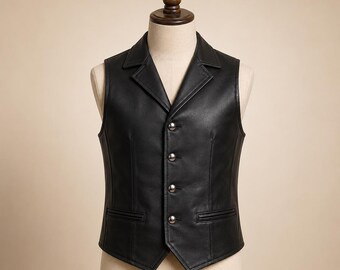 Men's Genuine Leather Biker Vest, Sleeveless Waistcoat with Adjustable Belt