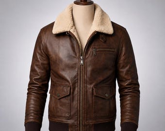 Men's Brown Leather Shearling Bomber Jacket, Vintage Aviator Pilot Coat