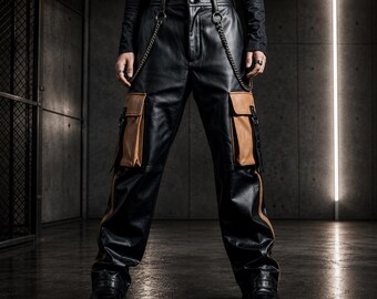 Black Leather Cargo Pants Women, Cyberpunk Pants, Gothic Streetwear Trousers, Techwear Pants, Harajuku Punk Pants, Wide Leg Leather Pants