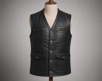 Men’s Black Leather Vest, Motorcycle Biker Leather Vest, Sleeveless Moto Waistcoat, Handmade Rider Vest, Genuine Leather Vest for Men