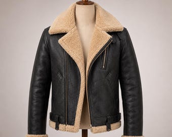 Men Black Shearling Leather Jacket, B3 Aviator Jacket, Faux Sheepskin Lined Winter Coat, Black Biker Jacket, Warm Leather Moto Jacket
