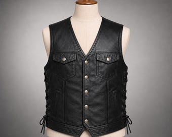 Men's Genuine Leather Biker Vest, Black Lace-Up Motorcycle Waistcoat