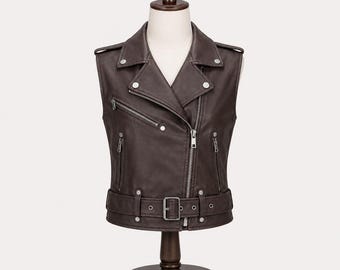 Women's Genuine Leather Biker Vest, Slim Fit Motorcycle Waistcoat, Vintage Moto Style Brown