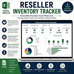 May include: A digital Reseller Inventory Tracker Excel template displayed on a laptop screen. The dashboard features charts, KPIs, and metrics for inventory, sales, and profit tracking. Text includes Reseller Inventory Tracker, 6 tabs, and features like storage location, aging inventory, and visual dashboard.