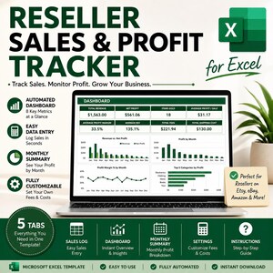 May include: A digital Reseller Sales & Profit Tracker template for Microsoft Excel displayed on a laptop screen. The interface shows a dashboard with revenue, net profit, and ROI metrics, alongside bar and line charts visualizing monthly performance data.