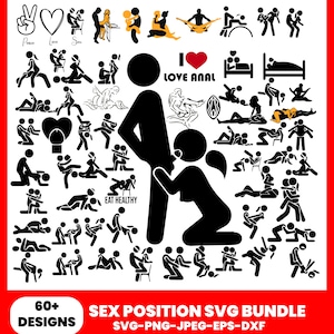 Könnte beinhalten: Eine Sammlung von schwarzen und weißen SVG-Designs für Sexpositionen. Das Bild enthält verschiedene Strichmännchen-Illustrationen, die verschiedene Sexpositionen darstellen, zusammen mit dem Text "I Love Anal" und "Eat Healthy". Das Bild enthält auch den Text "60+ Designs" und "Sex Position SVG Bundle".