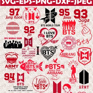 May include: A collection of red and black BTS-themed graphics, including logos, text, and illustrations. The designs feature the band's name, member names, and phrases like "I Love BTS" and "BTS World Tour."