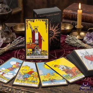 May include: A tarot card deck with the box reading "BLACK CLASSIC TAROT". The cards feature colourful illustrations, including "THE MAGICIAN" card. Other cards visible include "SIX OF CUPS", "THE MOON", and "STRENGTH". The deck is displayed on a dark red surface.
