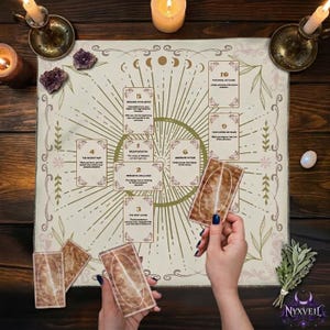 Può includere: Un'impostazione di lettura dei tarocchi con un panno color crema con un design a raggi di sole e fasi lunari. Le carte dei tarocchi sono disposte, con una mano che tiene una carta. Candele, cristalli e salvia sono disposti su una superficie di legno scuro.