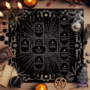 May include: A black tarot cloth featuring a white sunburst design, crescent moons, and decorative borders. Ten tarot cards are arranged on the cloth. Candles, a wooden pentagram, and other mystical items surround the cloth.