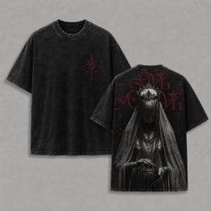 Gothic Veiled Priestess Shirt, Vintage Crimson Void Star Double Sided Tee, Dark Fantasy Fine Art Graphic Apparel, Black Wash Heavyweight Top
