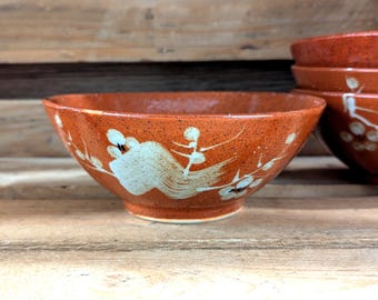 Vintage Mid-Century Stoneware Bowls Set of 4 Rustic Speckled Brown with Hand-Painted Floral Design
