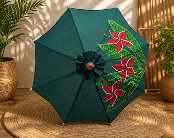 Vintage Hand-Painted Parasol Umbrella Floral Wooden Handle Decorative Oriental Style Umbrella