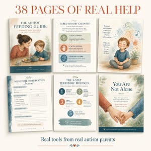 May include: A collection of illustrated pages from "The Autism Feeding Guide" and related resources. The pages feature text and illustrations about sensory gateways, mealtime observation, and a 5-step territory protocol. The phrase "You Are Not Alone" is also visible.
