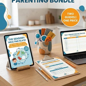 May include: An autism parenting bundle with a tablet displaying "The Sensory Mealtime Blate!" guide, a laptop showing a daily routine tracker, and a clipboard with a sensory food profile tracker. The image also includes a cup with sensory toys and pens. Text reads "The Ultimate Autism Parenting Bundle".