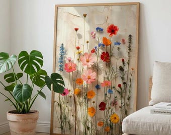 Colorful Wildflower Meadow Wall Art, Botanical Floral Oil Painting, Pressed Flower Style Poster, Vibrant Cottagecore Decor, Nature Print