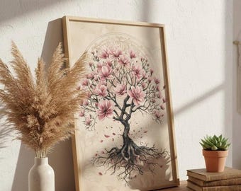 Magnolia Tree of Life Art Print, Vintage Botanical Wall Art, Spiritual Flower Poster, Pink Magnolia Blossom Decor, Zen Meditation Room Art