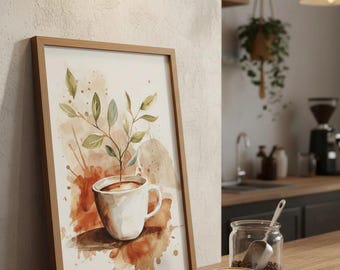 Coffee Cup Botanical Watercolor Print, Aesthetic Minimalist Kitchen Wall Art, Warm Earthy Tones Poster, Coffee Bar Decor, Unframed Art Print