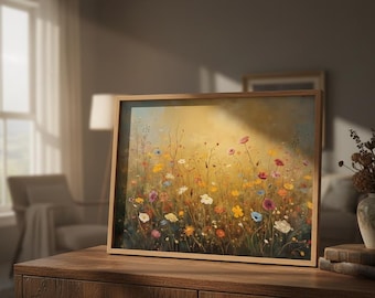 Wildflower Meadow Wall Art, Botanical Oil Painting Print, Vintage Floral Home Decor, Nursery Room Illustration, Sunny Field Botanical Poster
