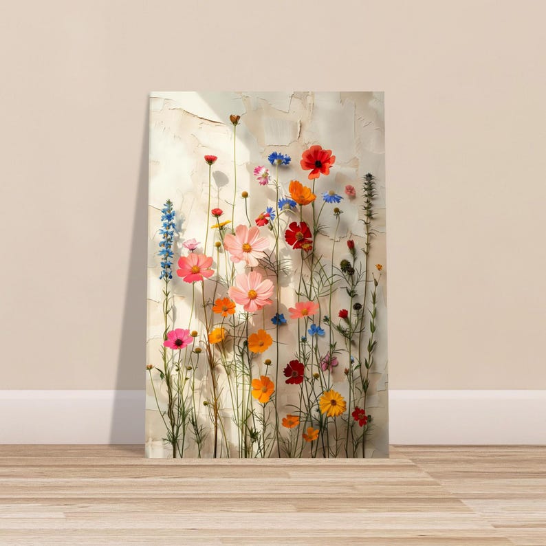 Large framed floral art print featuring vibrant pressed wildflowers on a light, textured background, leaning against a clean wall on a wooden floor. This minimalist, aesthetic botanical wall art is perfect for Scandi-style, bohemian, or nature-inspired home decor.