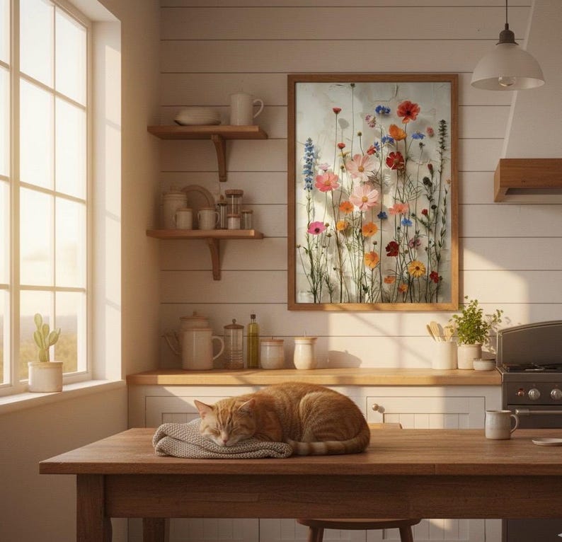 Rustikaler Landhaus-Kunstdruck in einer Küche mit weißen Holzpaneelen. Eine schlafende Katze liegt auf einem Holztisch bei warmem Sonnenuntergangslicht. Heimelige, ländliche Küchen-Dekoration.