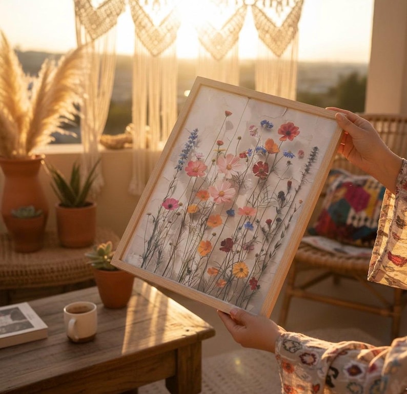 Person holding a framed wildflower art print on a boho-style terrace at sunset. The setting includes warm golden hour lighting, macrame wall hangings, and potted succulents. An aesthetic, lifestyle-focused presentation of botanical wall art for home decor.