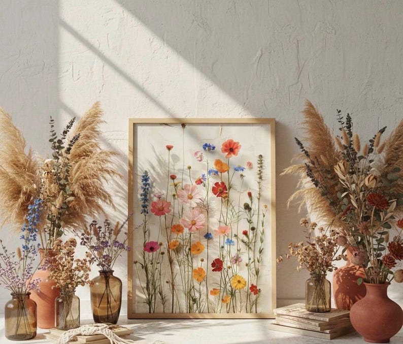 Gerahmter Wildblumen-Kunstdruck, angelehnt an eine Wand in einem künstlerischen Atelier. Umgeben von getrockneten Gräsern in Terrakotta-Vasen und Makramee-Dekoration. Boho-Chic Wohnaccessoire für eine inspirierende, natürliche Inneneinrichtung.