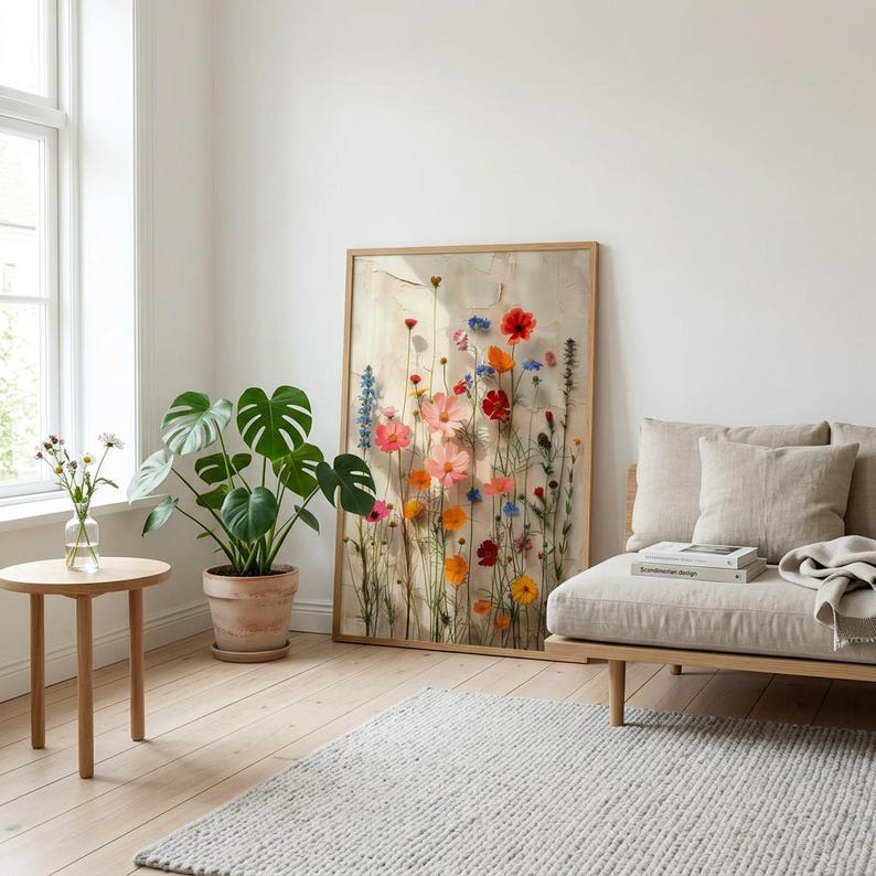 A framed vertical art print displaying a composition of vibrant pressed wildflowers, including red poppies and blue delphiniums, set within a light wood frame. The print is leaning on a wooden floor in a bright, minimalist, Scandinavian-style living room. It is positioned next to a large potted Monstera plant and a light-toned fabric daybed, with a knitted grey rug visible in the foreground, providing a realistic visualization of how the artwork fits a modern, natural interior.
