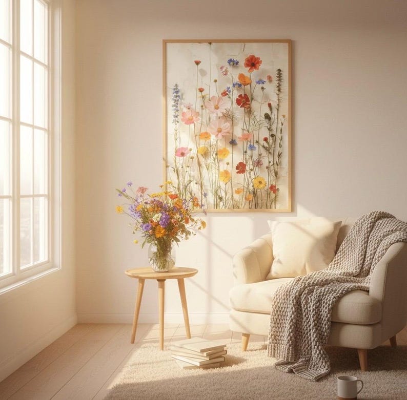 Framed wildflower art print hanging in a cozy, sunlit reading nook with a Scandi-Hygge aesthetic. Featuring a comfortable armchair with a chunky knit throw, a wooden side table with a fresh bouquet of wildflowers, and soft morning sunlight. Perfect botanical wall decor for a relaxing, modern home interior.