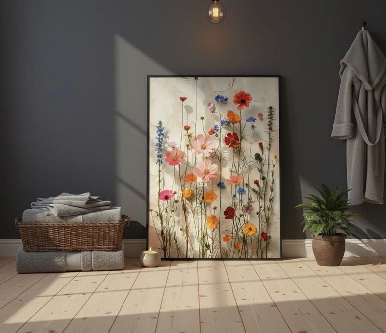 Gerahmter Wildblumen-Kunstdruck, angelehnt an eine dunkelgraue Wand in einem gemütlichen Badezimmer. Skandi-Hygge Atmosphäre mit Handtuchstapel, Duftkerze und Pflanze auf hellem Holzboden.