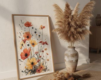 Watercolor Poppy Art Print, Vintage Yellow Flower Illustration, Botanical Wall Decor, Boho Floral Poster, Modern Farmhouse Wall Art