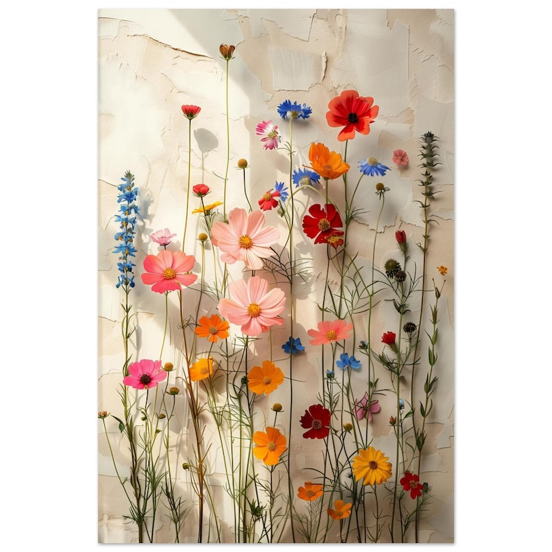Large framed botanical art print featuring pressed colorful wildflowers, displayed in a minimalist, light-filled living room. This aesthetic floral wall art on a wooden floor creates a calm, Scandi-style home decor atmosphere. Perfect for nature-inspired interior design.