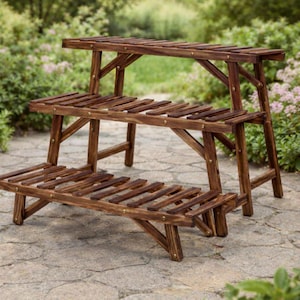 Estante de escalera de madera de 3 niveles para macetas, para interior y exterior, organizador de macetas de madera independiente para sala de estar, balcón y jardín.
