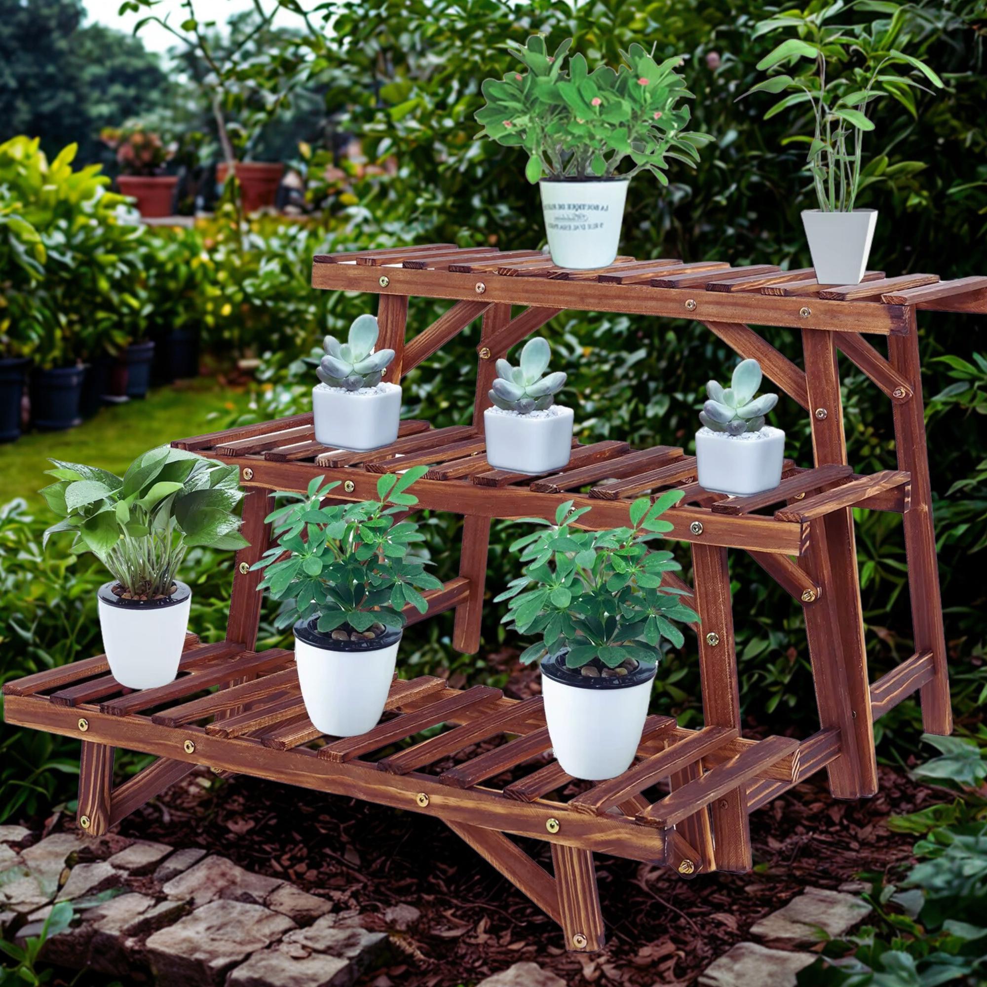 3 Tier Wooden Plant Stand Ladder Shelf – Indoor Outdoor Flower Pot Rack ...