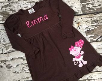 Valentines Personalized Dress - Brown Ruffle Dress - Monkey Dress - Pink Monkey Outfit - Monogrammed Dress - Girls Personalized Ruffle Dress