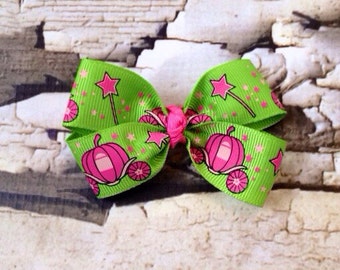 Princess Carriage Bow - Hair Bow - Pink Green Princess Hair Clip - Fairy Tale Hair Clip - Pigtail Hair Bow