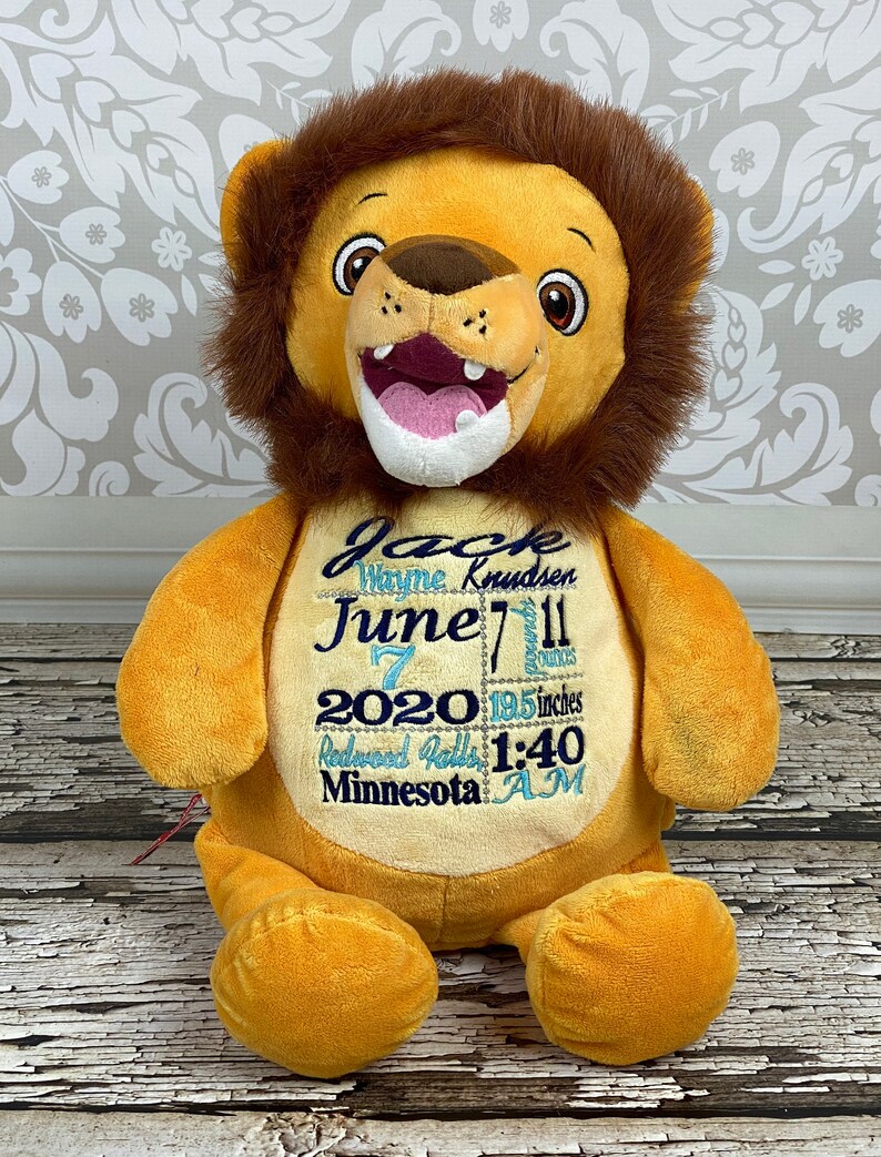 Personalized Stuffed Animal Birth Announcement Stuffed Animal Subway Art Baby Gift Birth Gift for Newborn Baby Photo Prop Lion