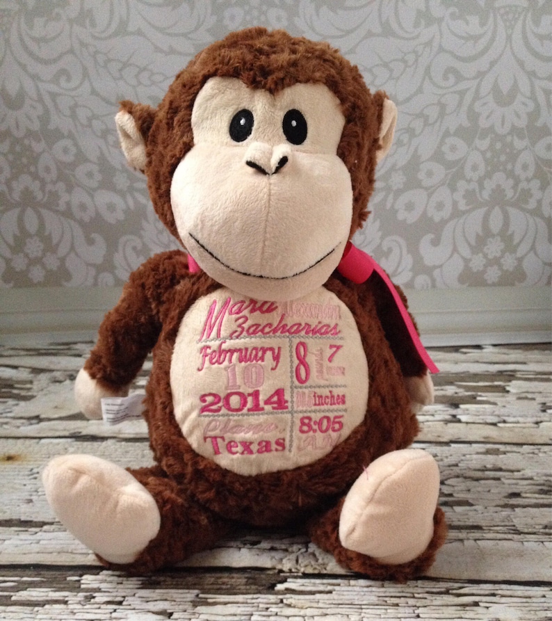 Personalized Stuffed Animal Birth Announcement Stuffed Animal Subway Art Baby Gift Birth Gift for Newborn Baby Photo Prop Monkey