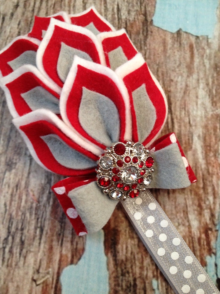 Red / White / Grey Flower Headband - Felt Dahlia Petals Polka Dots ...
