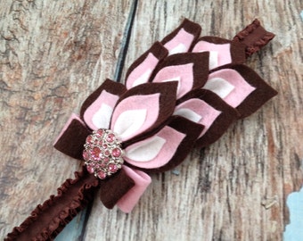 Brown / Pink Flower Headband - Felt Dahlia Petals Ruffle Elastic Headband - Brown Pink Baby Felt Headband