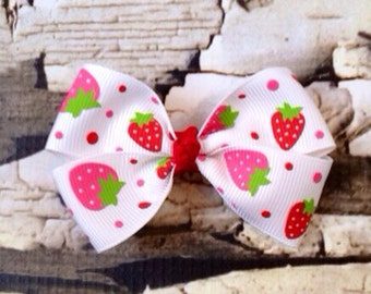 Strawberry Bow - Hair Bow - Pink Red Stawberry Hair Clip - White Fruit Bow - Summer Pink Bow