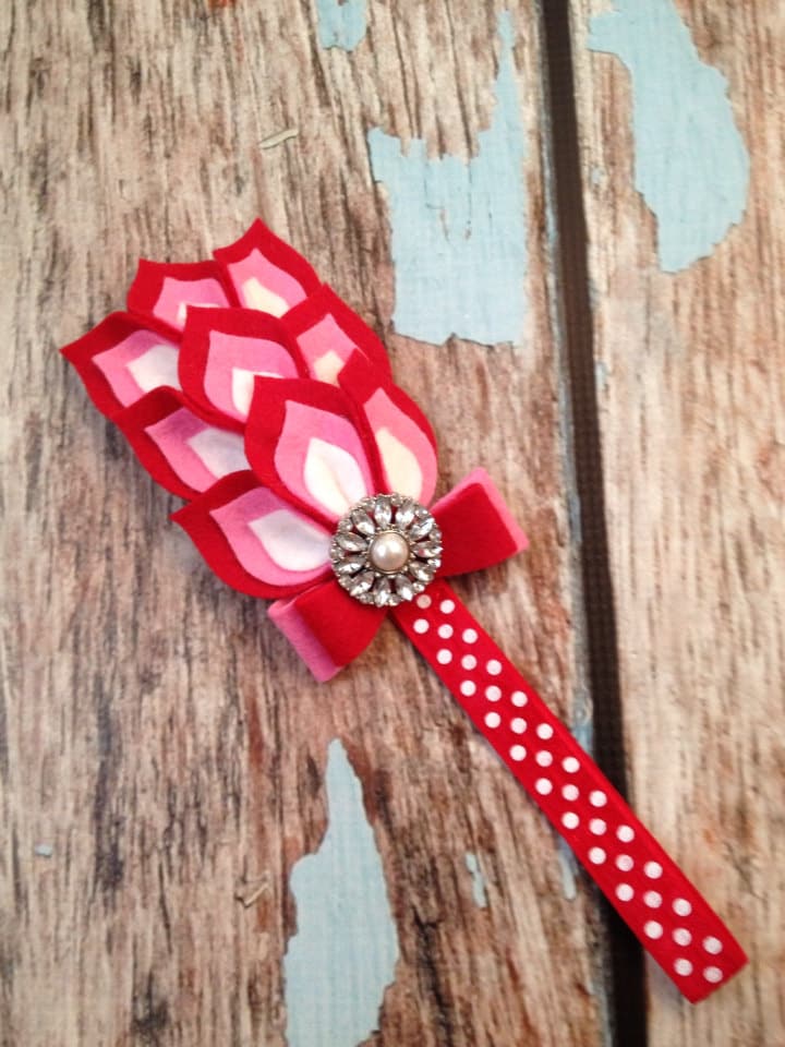 Red / Pink / White Flower Headband - Felt Dahlia Petals Polka Dot ...
