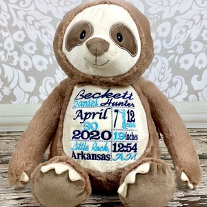 Personalized Stuffed Animal Birth Announcement Stuffed Animal Subway Art Baby Gift Birth Gift for Newborn Baby Photo Prop Sloth